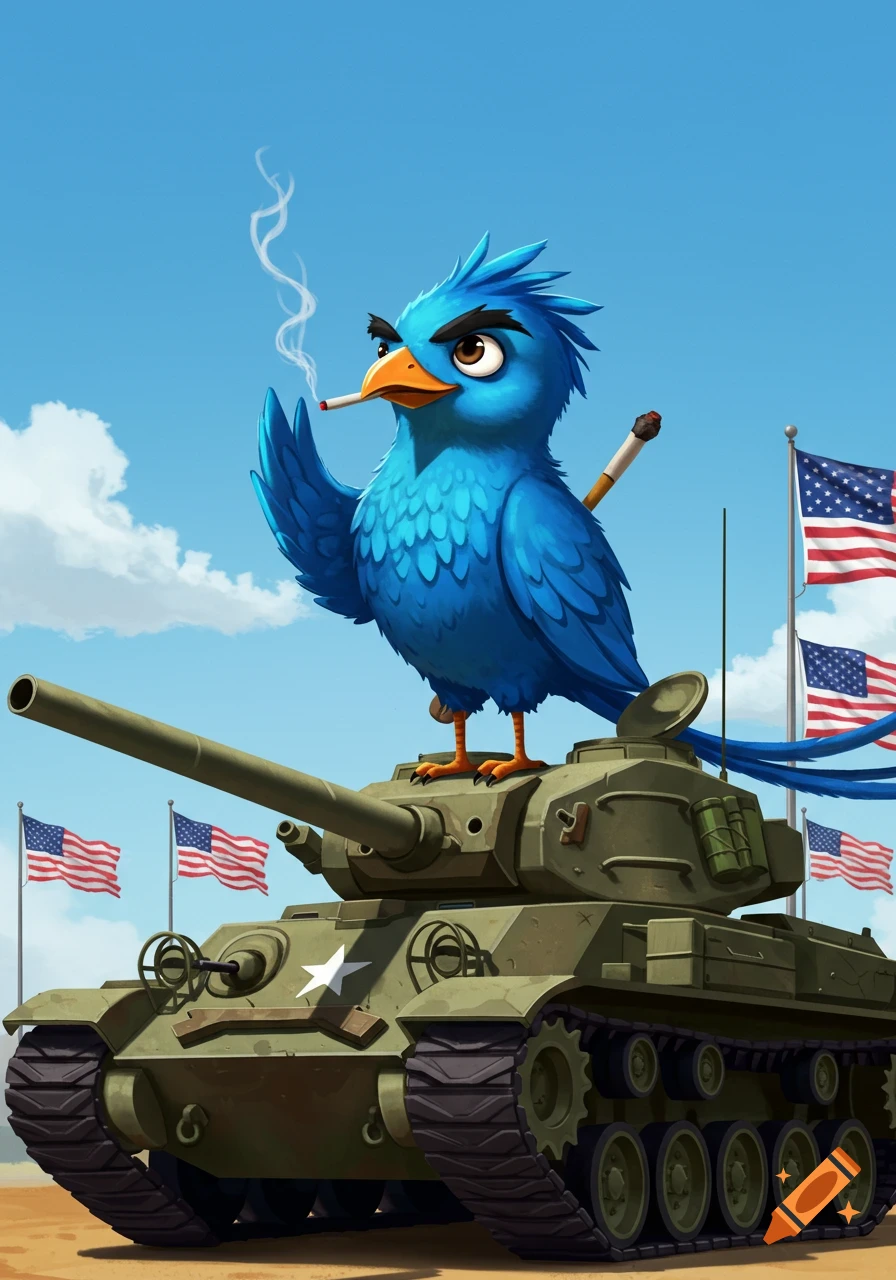 A fierce blue cartoon bird with a cigarette stands on a military tank, with American flags waving in the background.