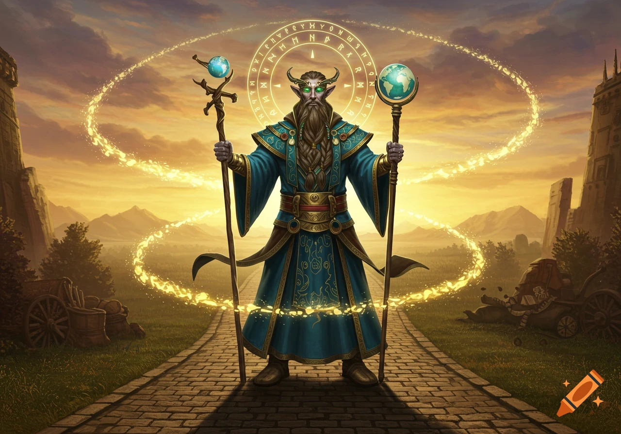 A majestic horned wizard with a long beard and green eyes stands on a stone path, holding two staffs, enveloped in golden magical energy at sunset.