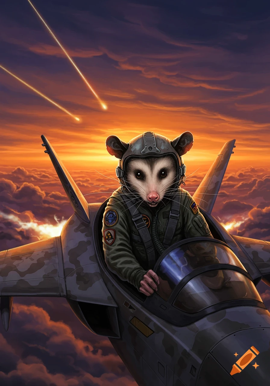 A possum wearing a pilot's helmet and flight suit in the cockpit of a fighter jet, flying through an orange sunset sky with meteors.