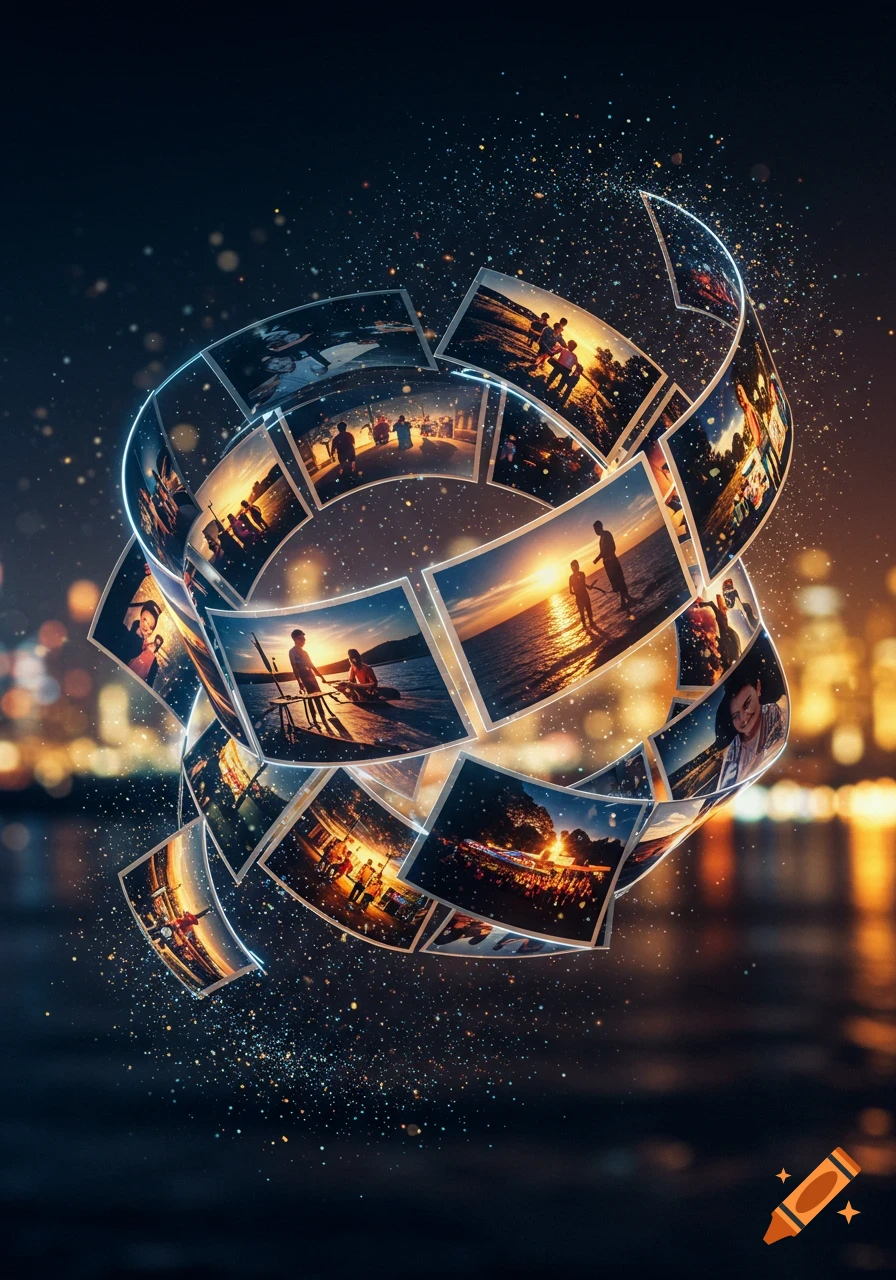 A spiraling ribbon of diverse photographs depicting people, sunsets, and city scenes, adorned with sparkling light particles.