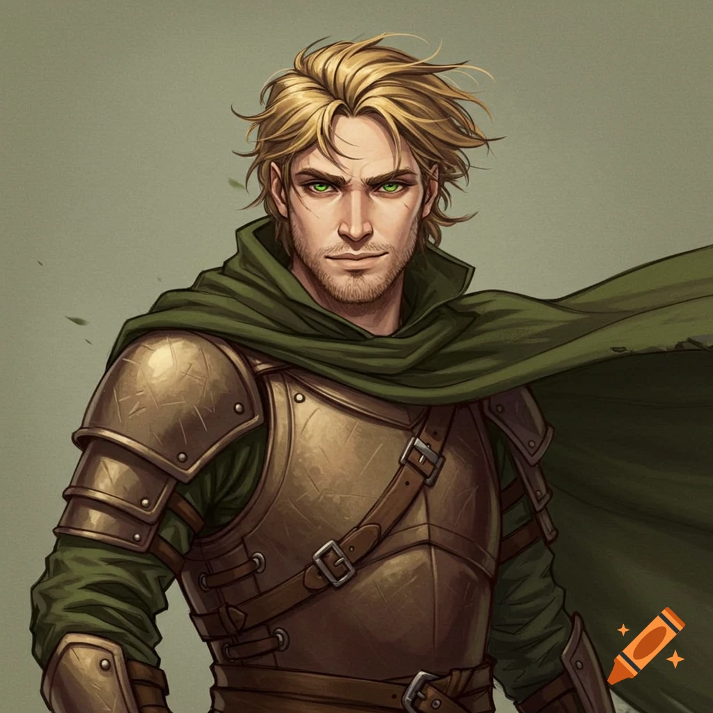 Blonde man with green eyes and stubble in fantasy bronze armor and a green cape, character portrait.