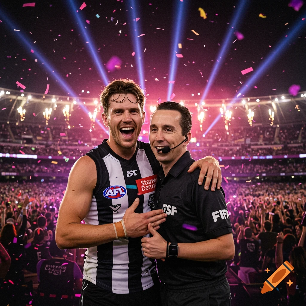 A jubilant Australian Rules Football player in a black and white jersey embraces an umpire in a black shirt, both smiling amidst falling confetti and stadium lights.