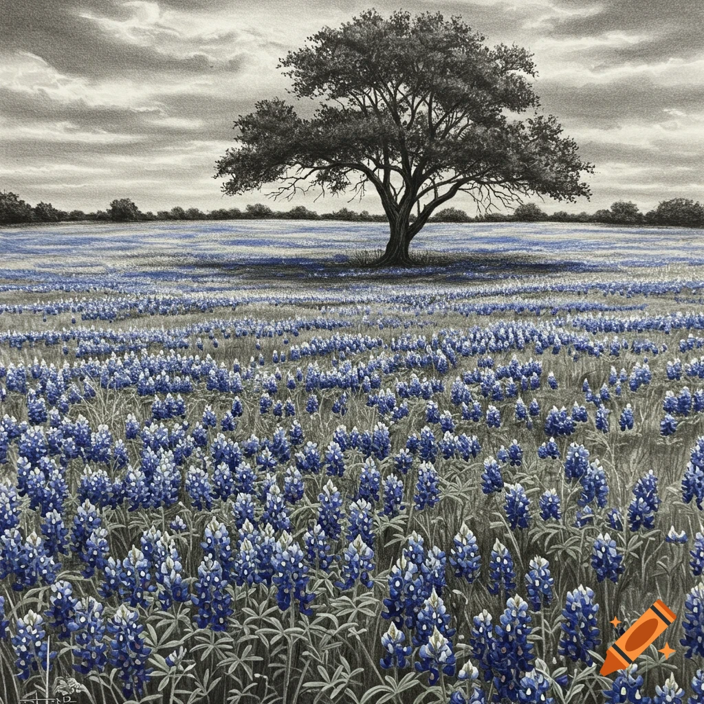Charcoal drawing of a field of bluebonnets with a large tree under a cloudy sky.