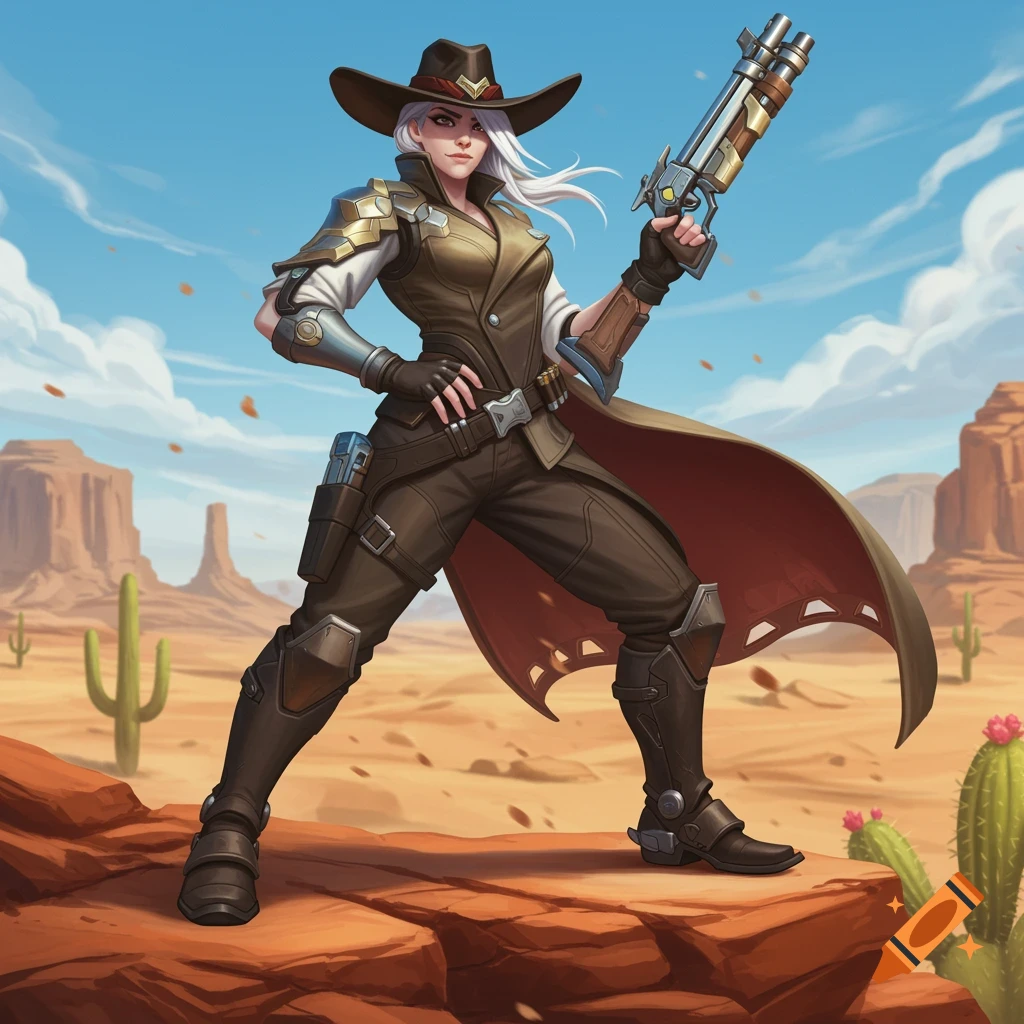 A female character in a cowboy hat and duster coat, holding a rifle, stands in a desert landscape with mesas and cacti.