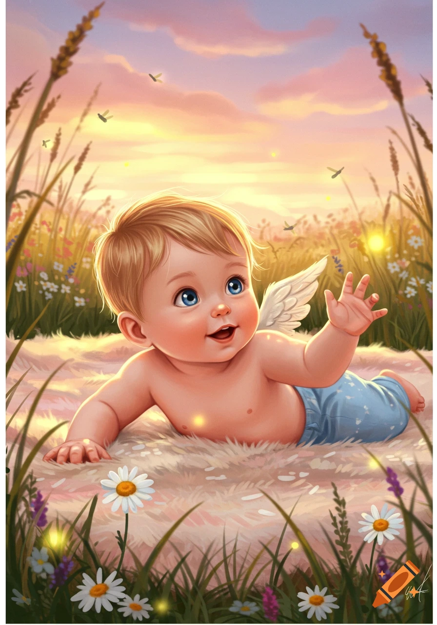 An illustration of a smiling baby with angel wings lying on a blanket in a field at sunset.