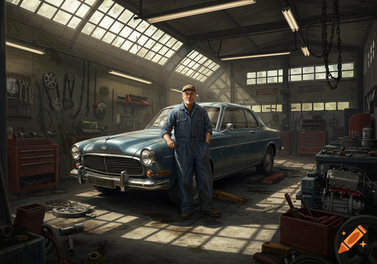 A photorealistic image of an older man in mechanic's overalls leaning against a classic blue car in a cluttered garage.