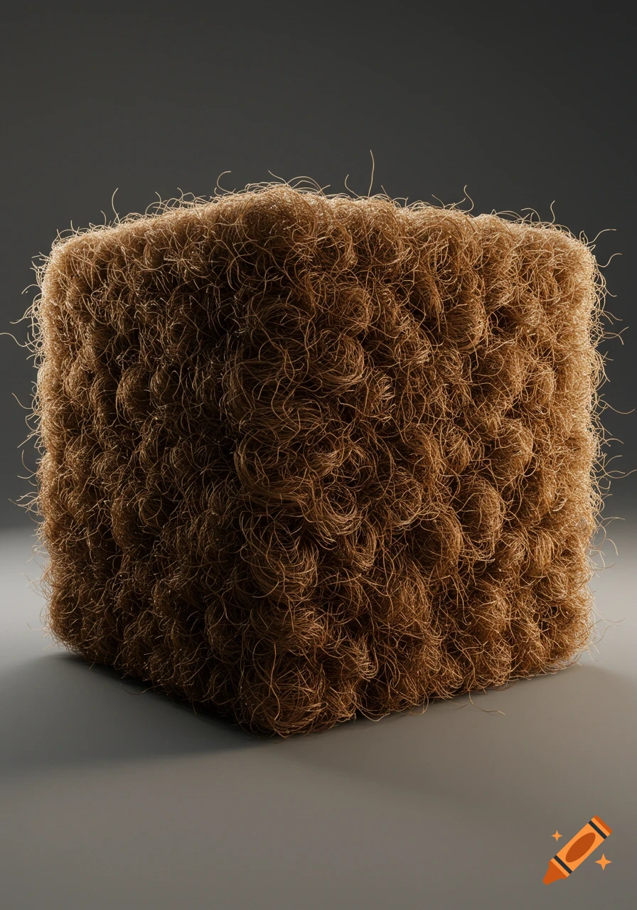 A cube made entirely out of rough brown hair, resting on a smooth grey surface.