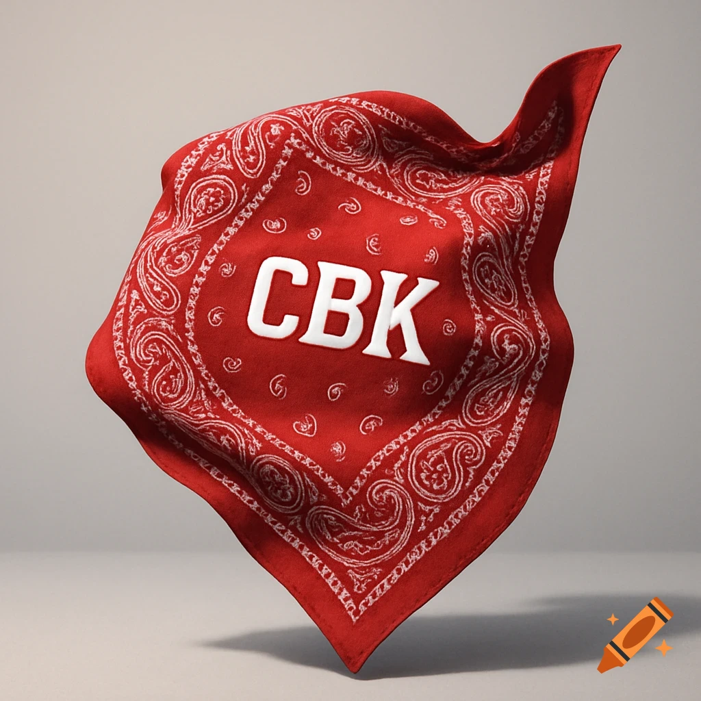 A red bandana with a white paisley pattern and the white letters CBK on it, floating against a light gray background.