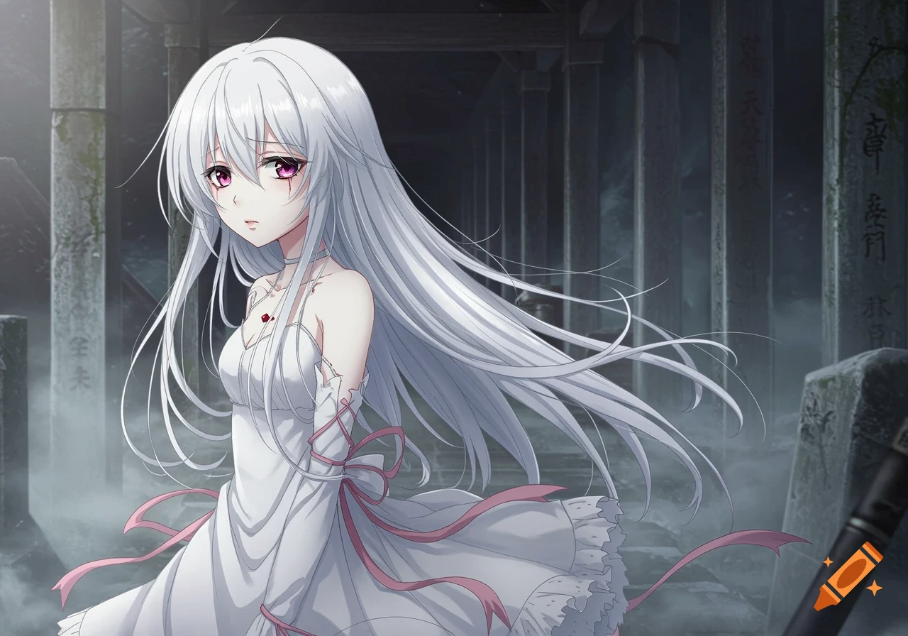 An anime girl with long white hair, purple eyes, and a white dress with pink ribbons stands in a misty, ancient stone corridor.