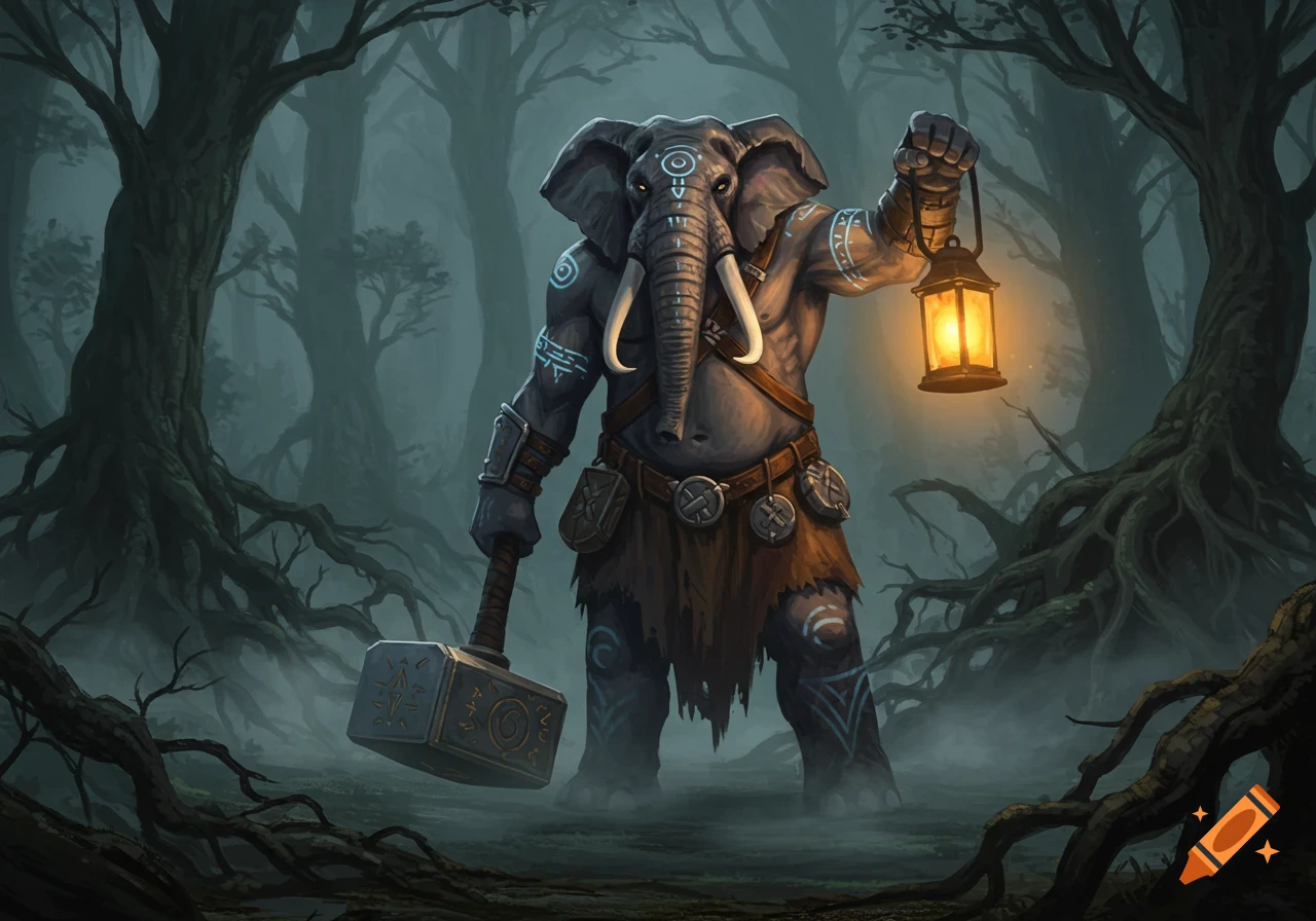 A powerful elephant-headed warrior stands in a misty forest, holding a glowing lantern and a large hammer.