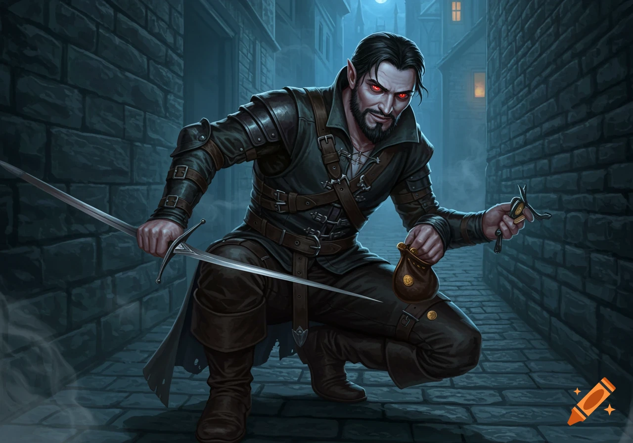 Oil painting of a sinister vampire rogue crouching in a dark, gothic alley, holding a sword and coin pouch under moonlight.