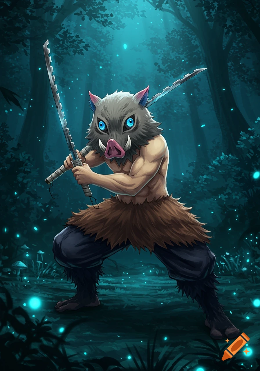Inosuke Hashibira from Demon Slayer in a combat pose, holding two jagged swords in a glowing, dark fantasy forest. Anime illustration.