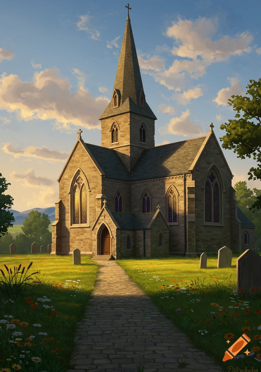 An illustrated stone church with a tall steeple and stained glass windows, a cobblestone path, and a graveyard with wildflowers under a sunny, cloudy sky.