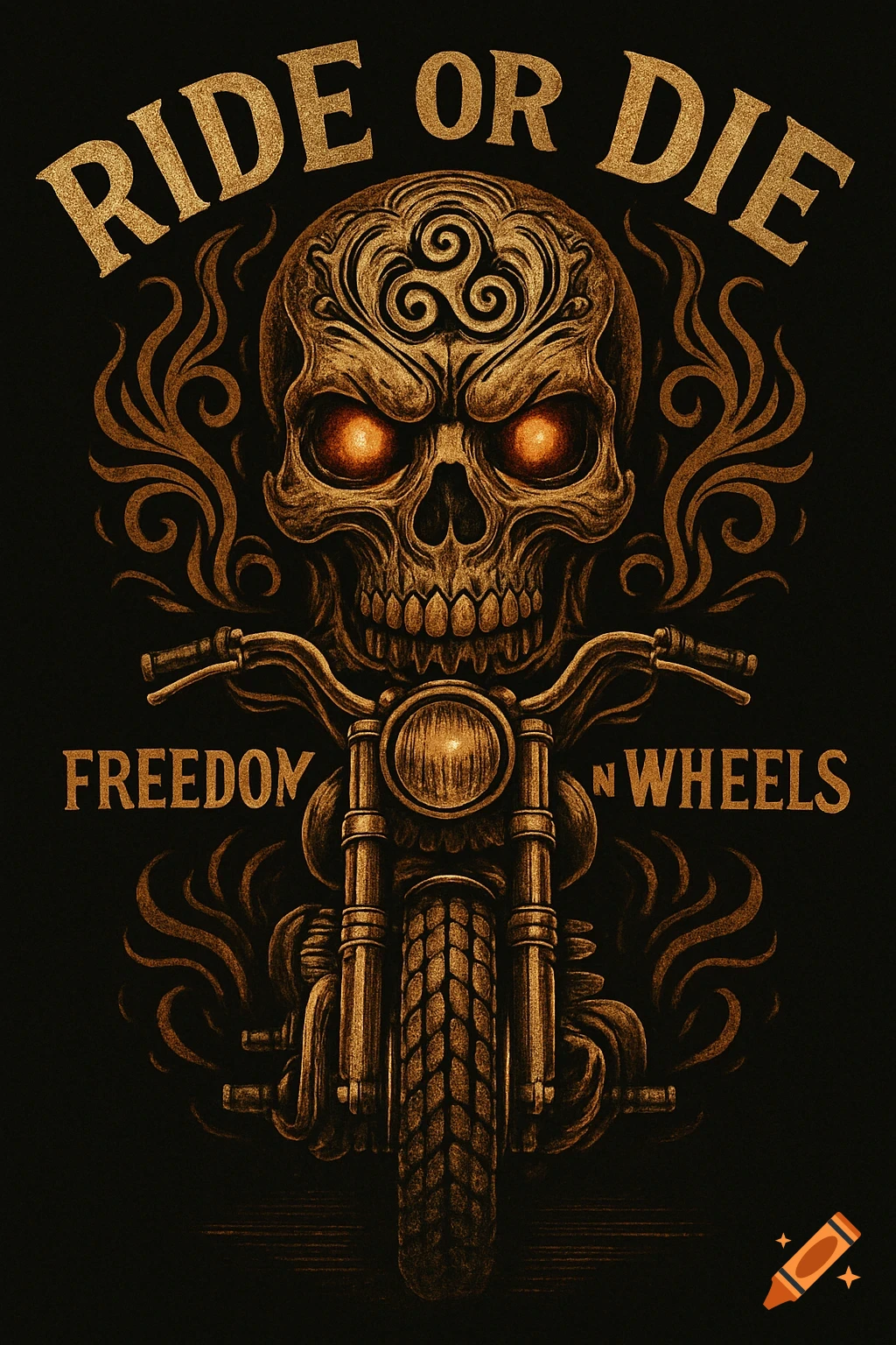 A stylized golden skull with glowing orange eyes and swirling tribal patterns, positioned above a motorcycle's front view, all against a black background. Text reads "RIDE OR DIE" above and "FREEDOM ON WHEELS" below.