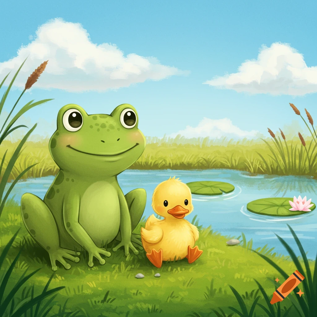 A cute cartoon frog and duckling sit side-by-side on green grass by a calm pond with lily pads and pink flowers under a blue sky.