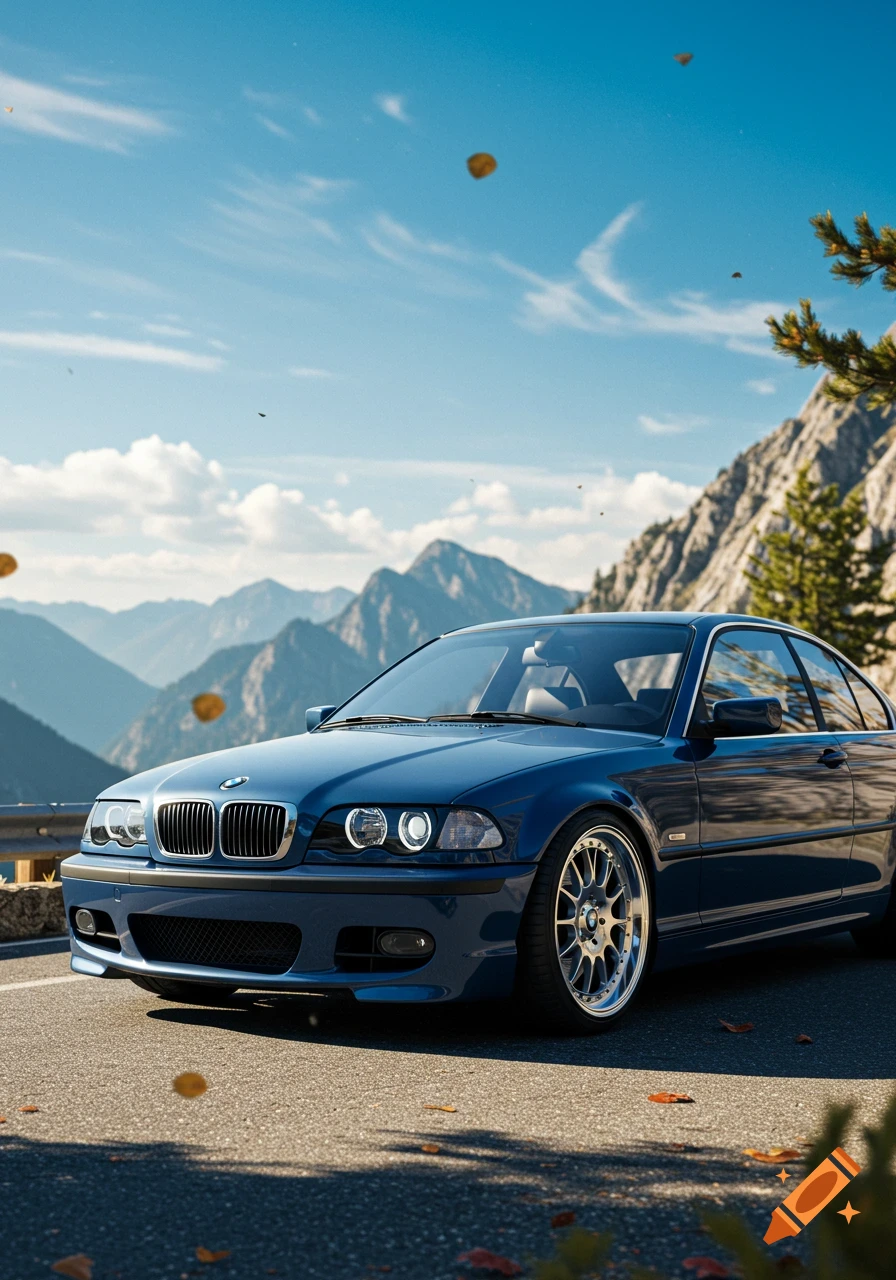 A blue BMW car parked on a mountain road with scenic mountains under a blue sky.