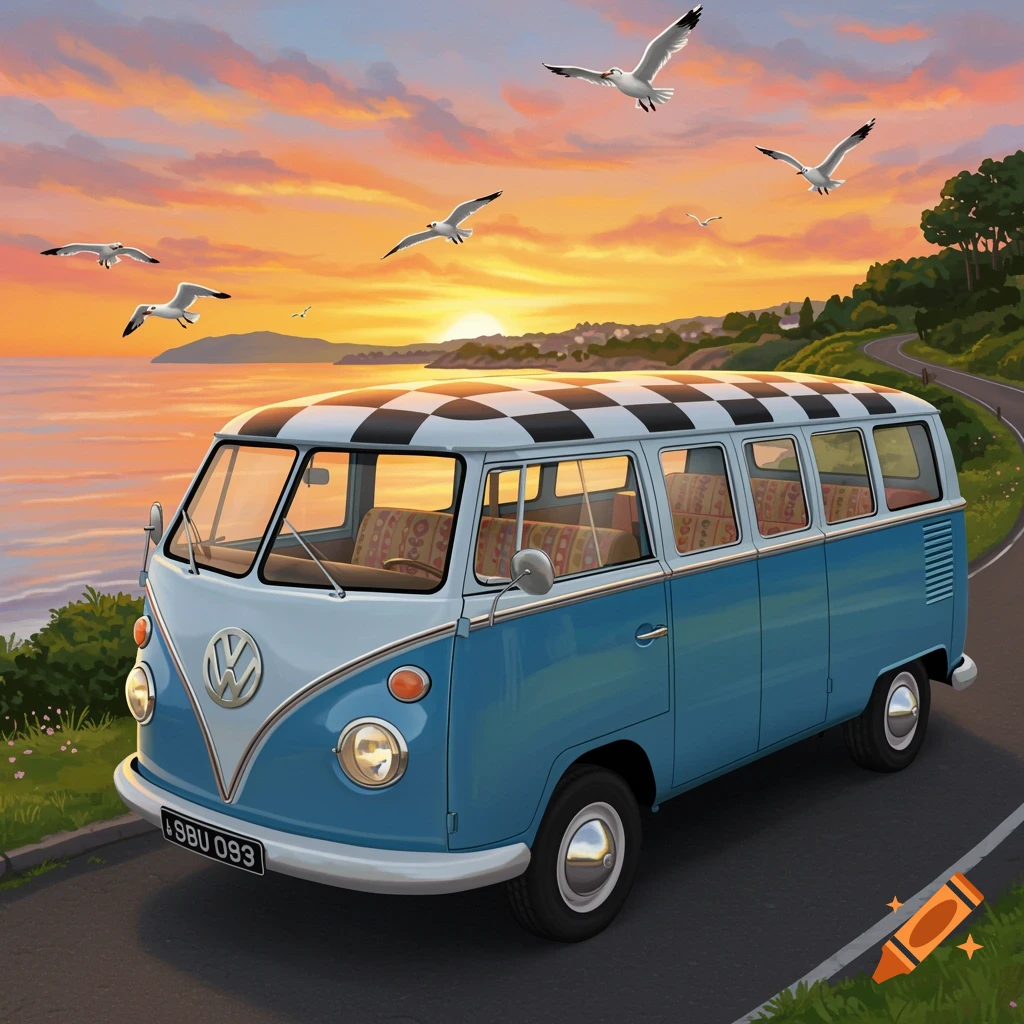 Illustrated blue and white Volkswagen campervan with a checkered roof on a coastal road at sunset, with seagulls flying in the sky.
