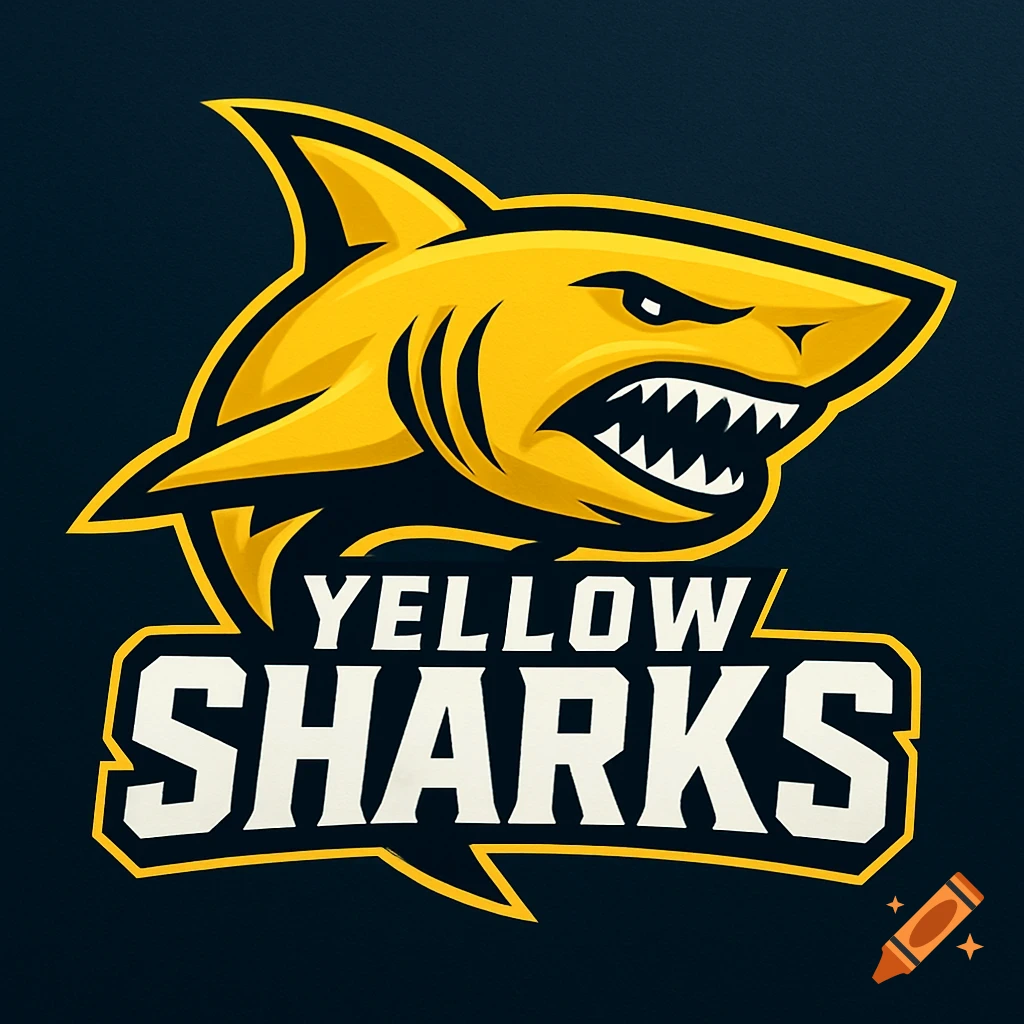 A fierce yellow shark logo with sharp teeth on a dark blue background, with the white text 'YELLOW SHARKS' below it. The style is clean and dynamic.