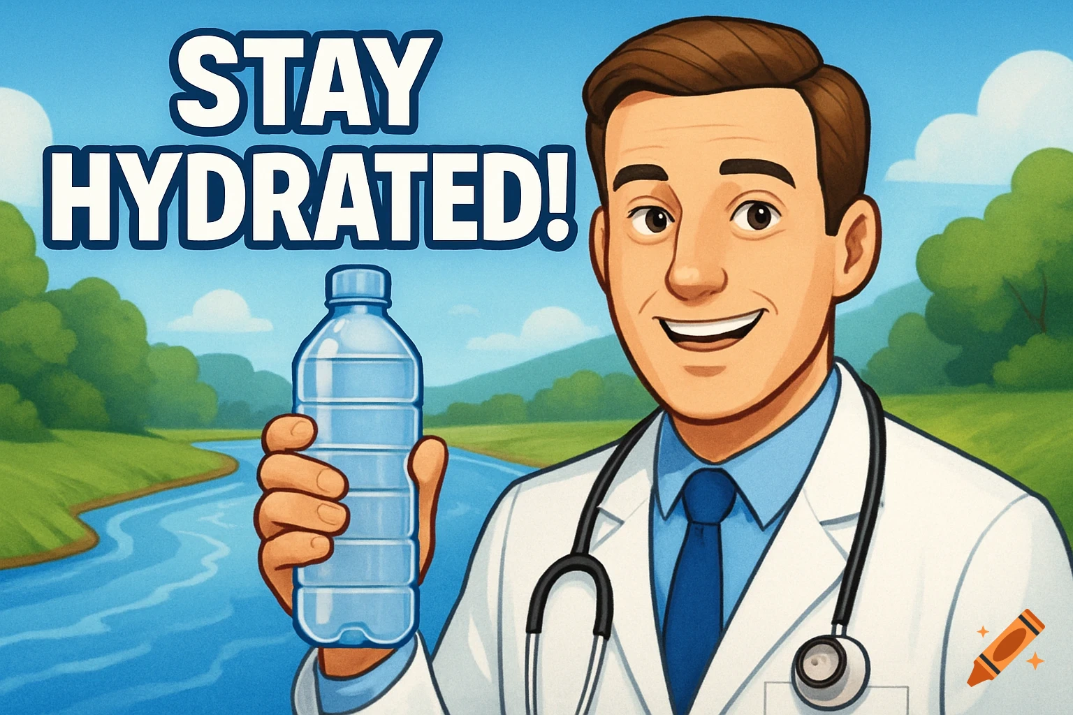 Cartoon doctor in a white lab coat holding a water bottle with 'STAY HYDRATED!' text and a river in the background.