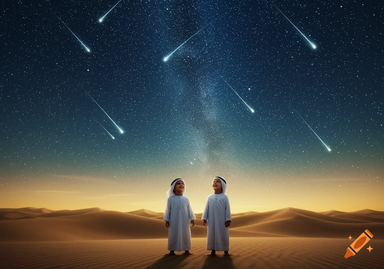 Two children in thobes stand in a vast desert, gazing up at a starry night sky filled with shooting stars.