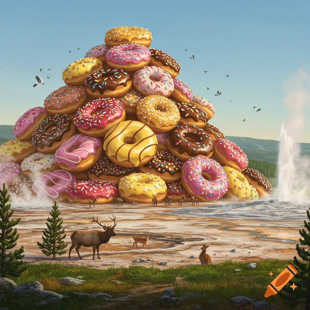 A massive mountain of colorful frosted donuts with sprinkles in a Yellowstone-like landscape with a geyser and deer.