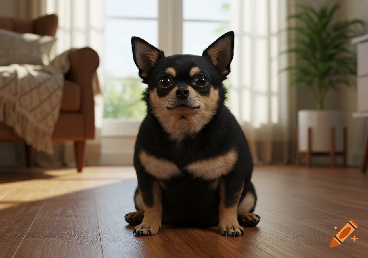 A fat black and tan Chihuahua dog sits on a wooden floor in a sunlit living room.