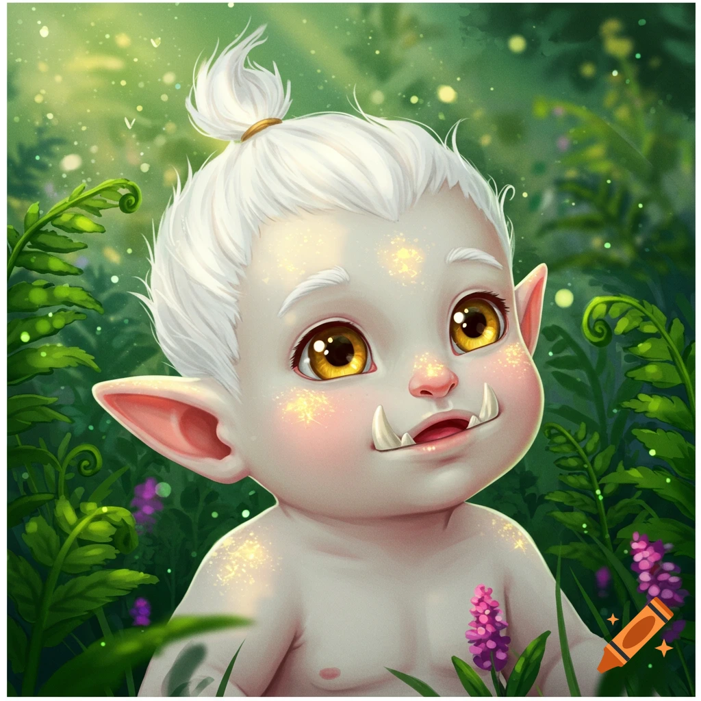 Cute white-skinned orc baby with white hair and gold eyes, showing small tusks, in a vibrant green fantasy forest.