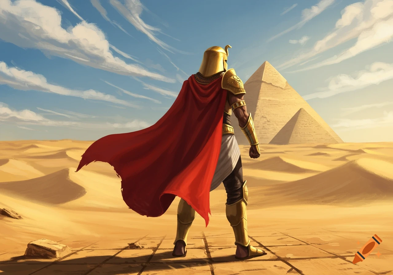 An illustrative depiction of an Egyptian warrior in a red cape and golden armor standing in a desert, looking towards two pyramids.