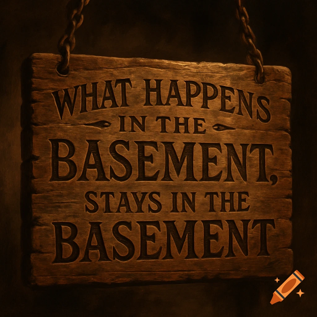 A dark, rustic wooden sign with the phrase 'What happens in the basement, stays in the basement' engraved into it.