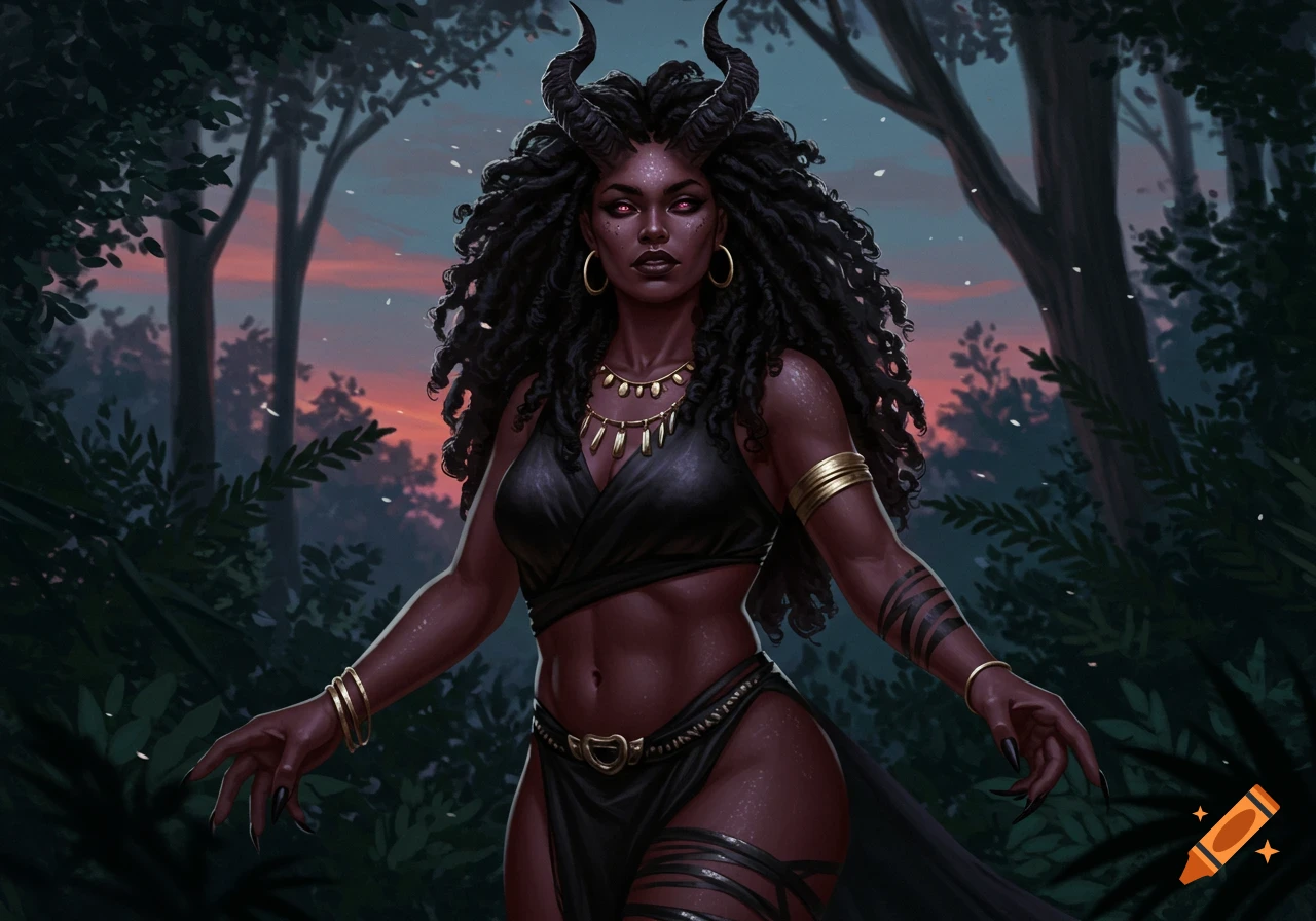 A dark-skinned, horned demoness with long black curly hair and red eyes stands in a forest at sunset, digital art.