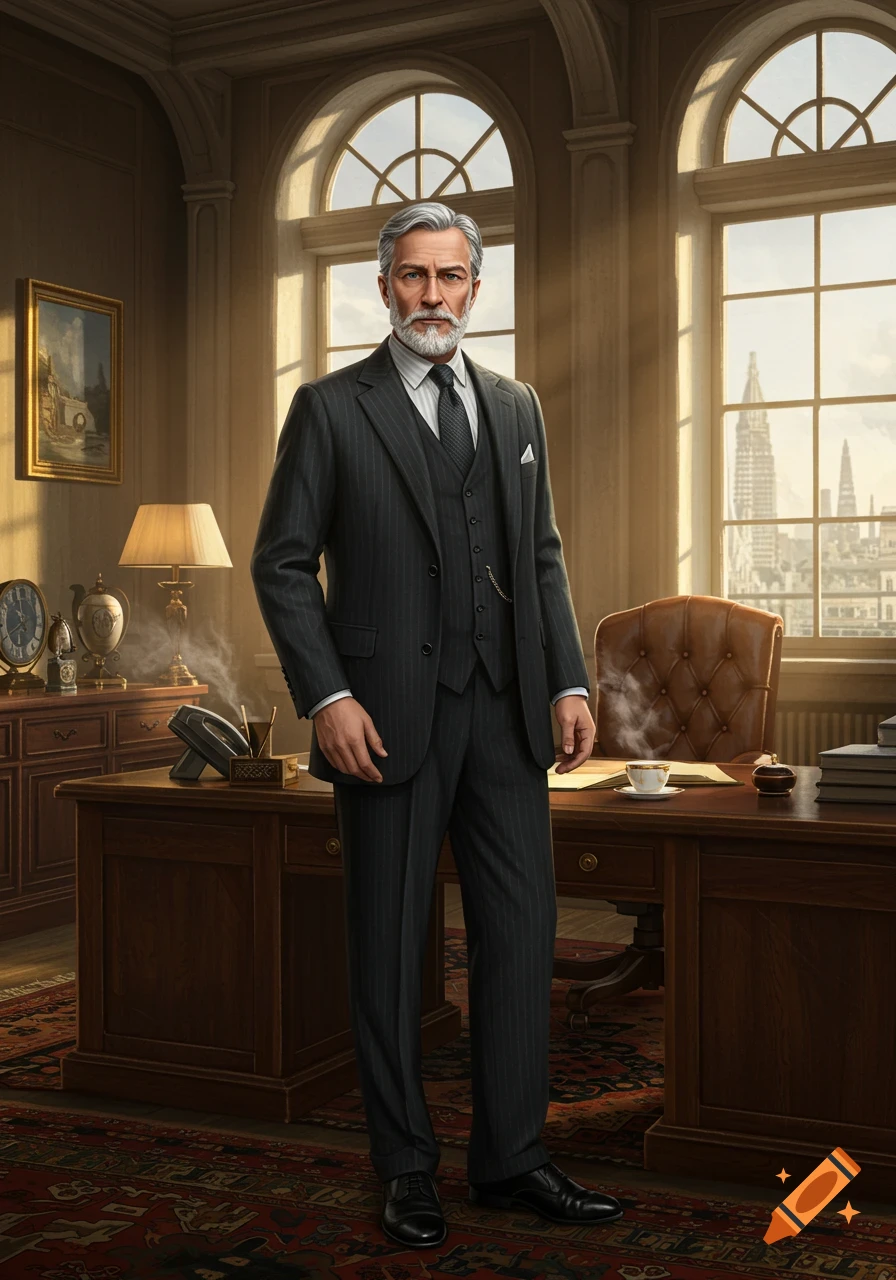 A photorealistic portrait of an older man with grey hair and beard, dressed in a formal suit, standing in a sunlit office.