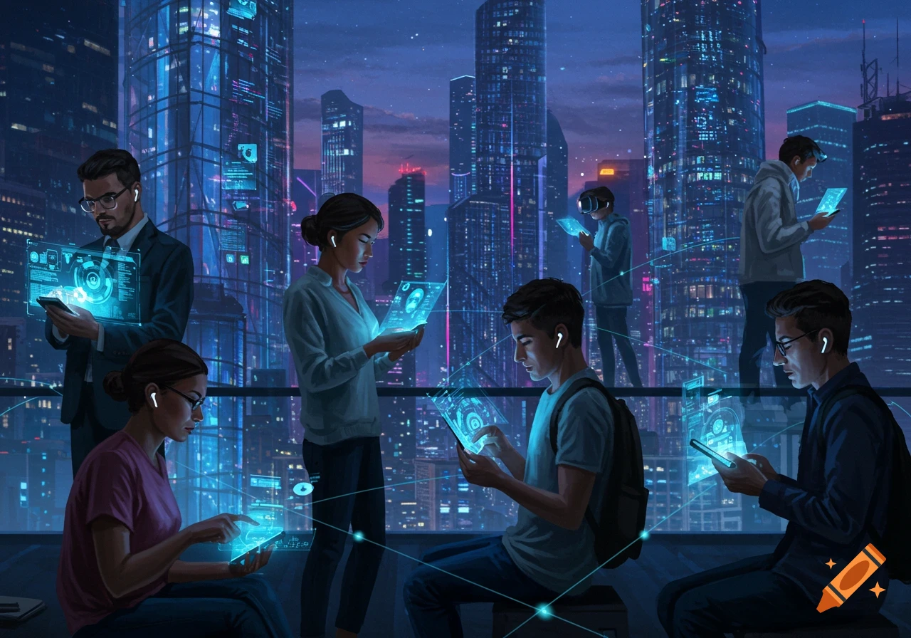 People on a rooftop interact with glowing holographic devices in a futuristic city at night, digital art.