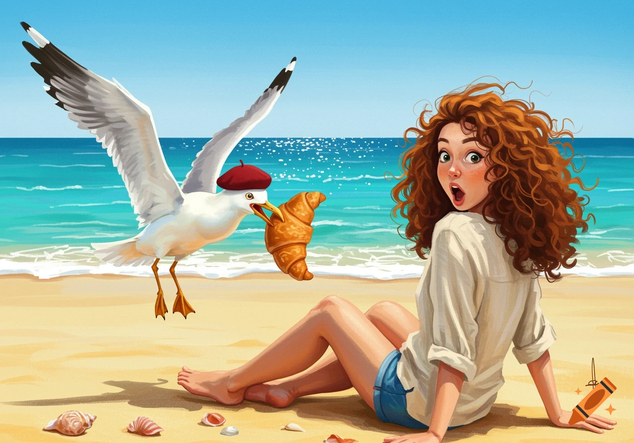 A surprised curly-haired woman sits on a beach as a beret-wearing seagull steals her croissant. Cartoon illustration.