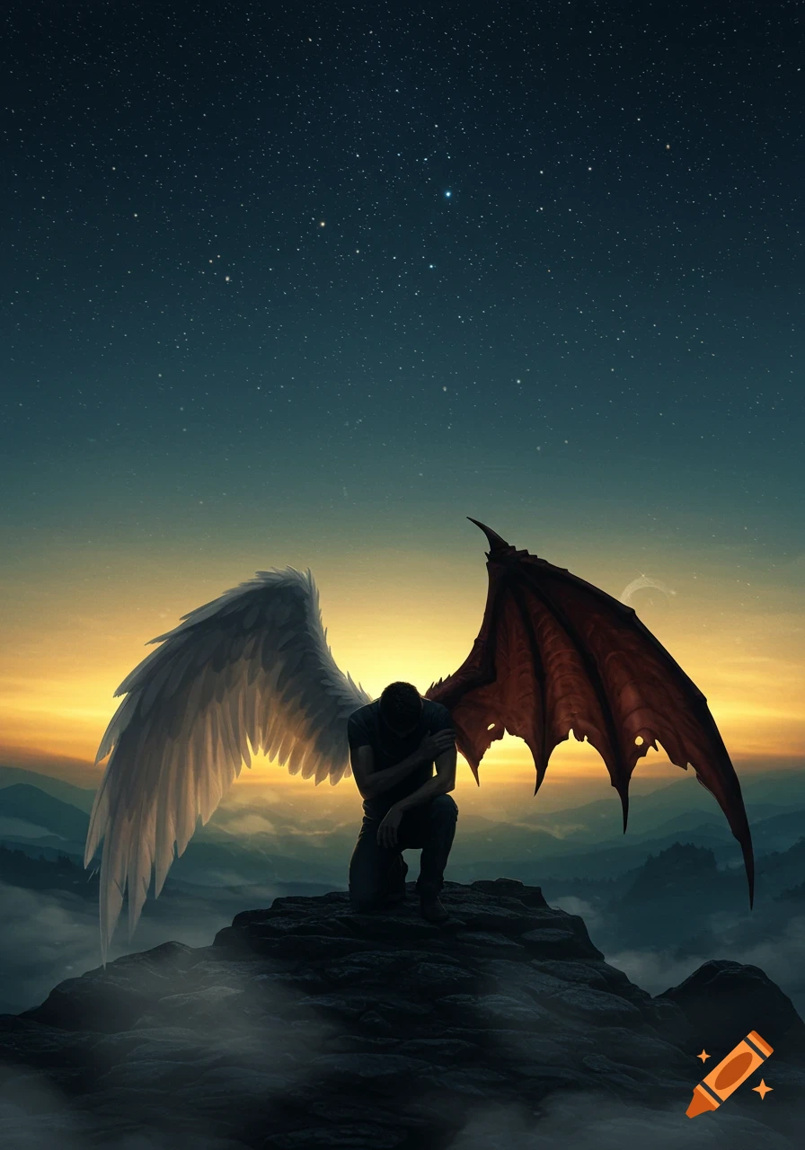 A figure with one white angel wing and one red demon wing kneels on a mountain peak at twilight.