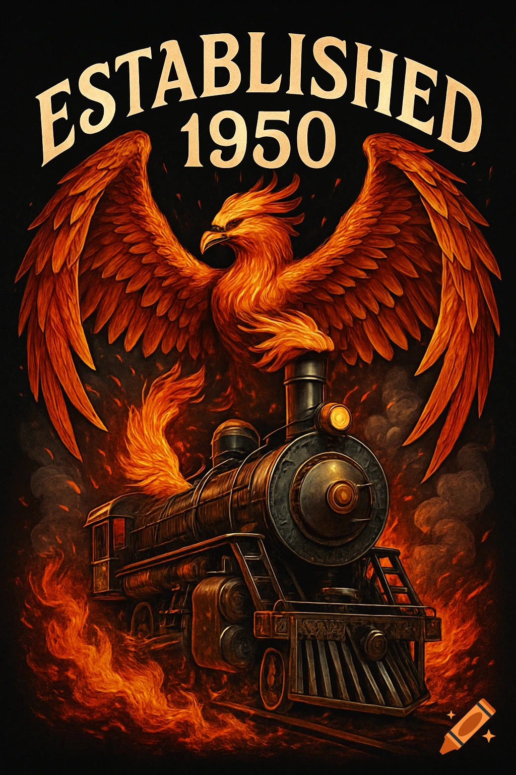 Fiery phoenix with outstretched wings above an old black locomotive, both engulfed in stylized orange flames. Text reads 'ESTABLISHED 1950'.