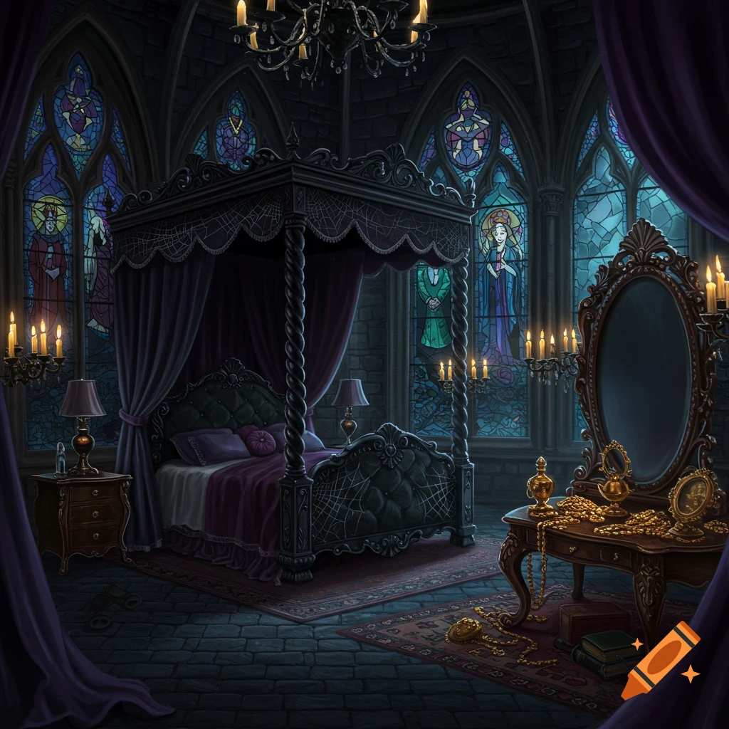 Dark gothic bedroom with a large four-poster bed, ornate vanity, and stained glass windows, lit by candles.