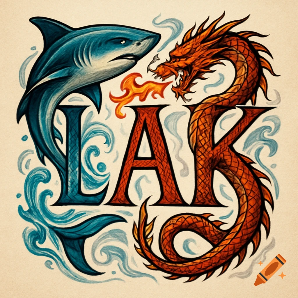 Stylized illustration of a blue shark forming the letter L and a red dragon forming the letters AK, intertwined on a light background.