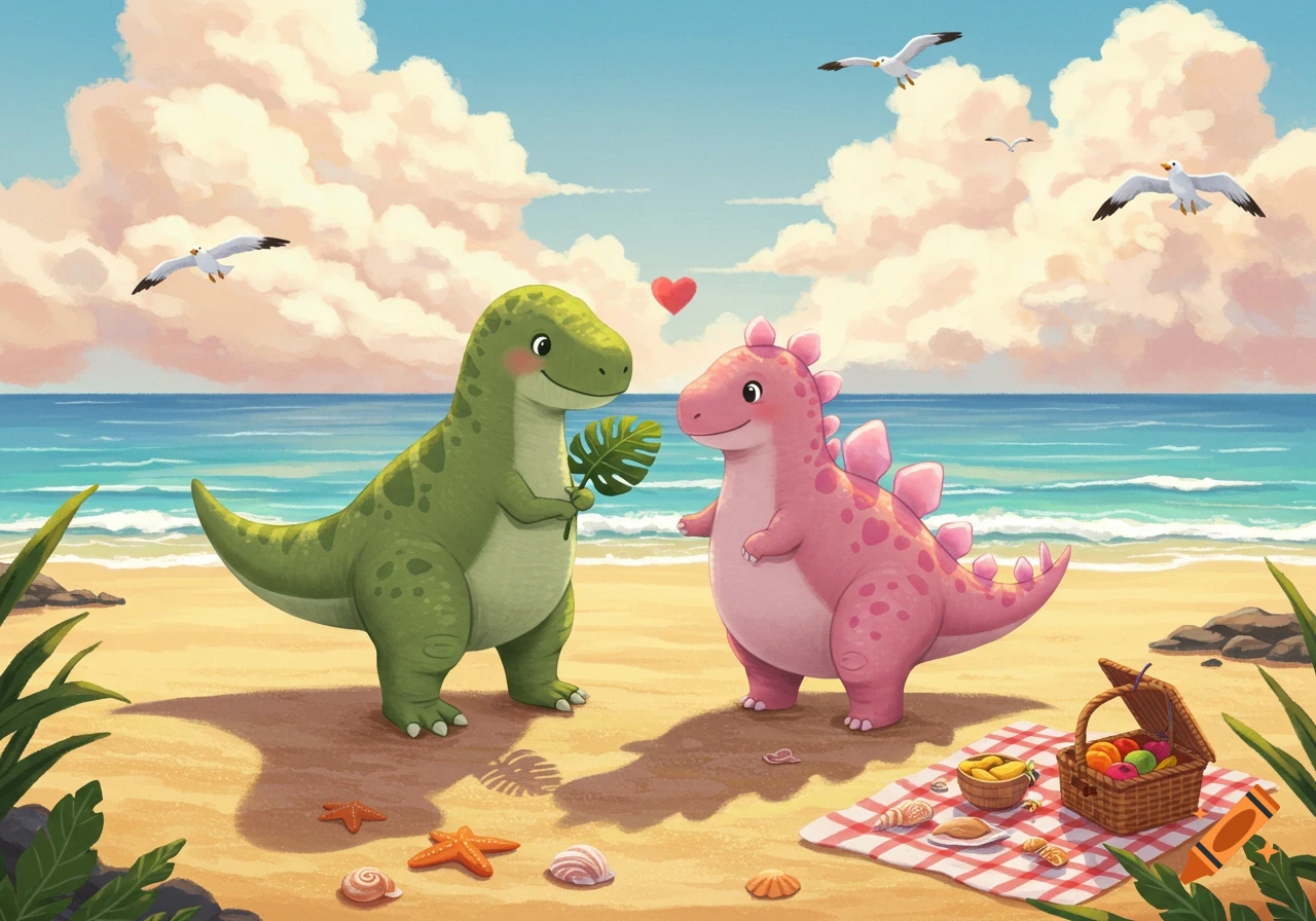 A cute green dinosaur gives a leaf to a pink dinosaur on a sunny beach, with a picnic basket nearby and seagulls flying.