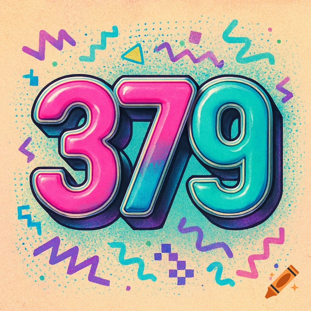 Brightly colored 3D numbers '379' in a vibrant 90s style with geometric shapes and confetti-like dots on a textured background.
