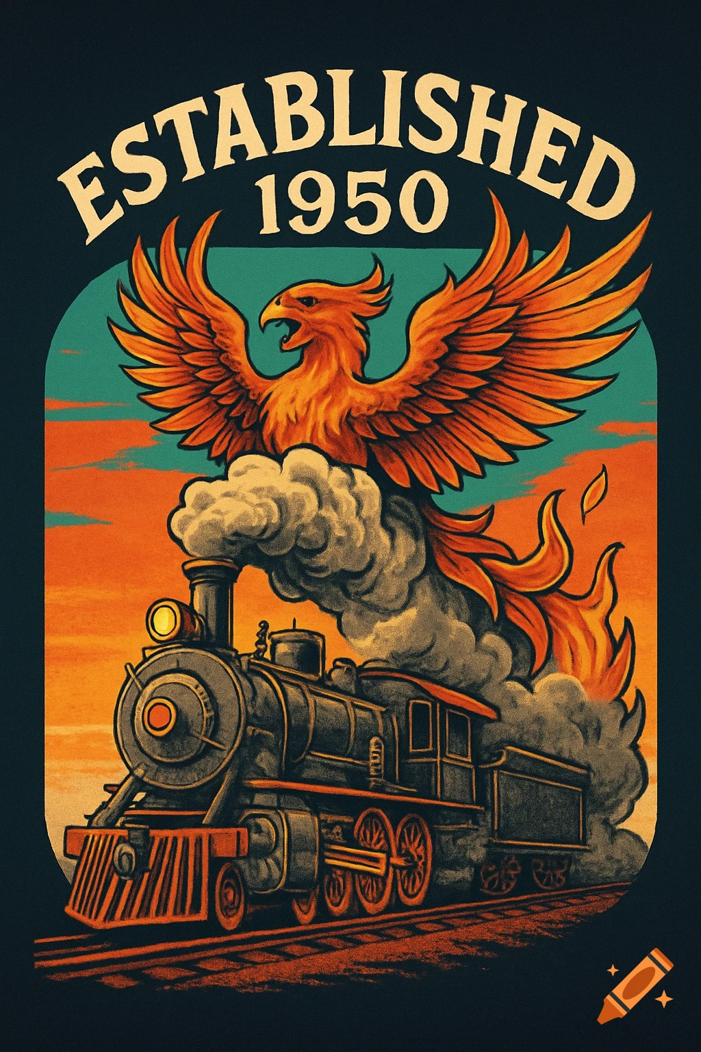Retro graphic of an orange phoenix rising from the smoke of a steam locomotive, with 'ESTABLISHED 1950' above.