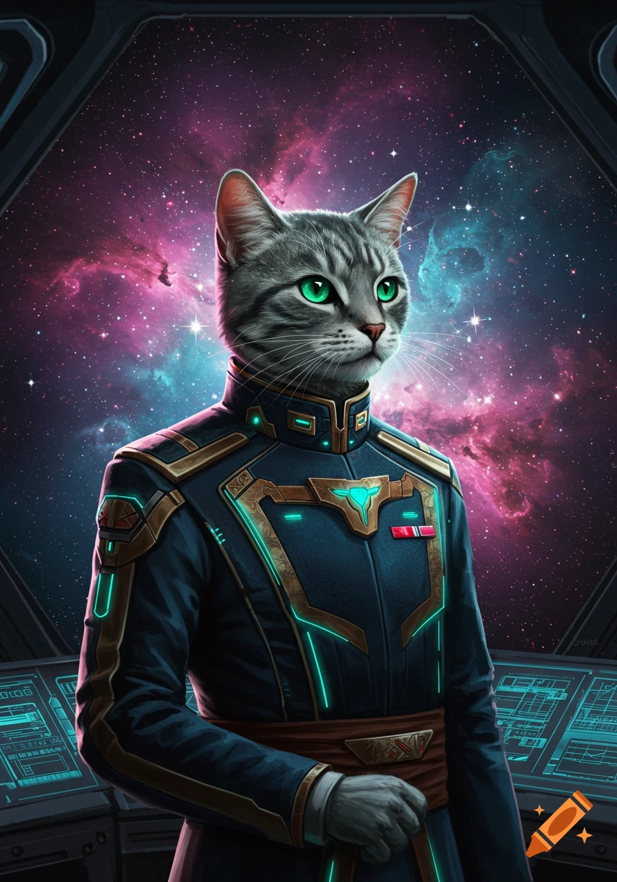 A photorealistic gray tabby cat with green eyes wears a futuristic blue and gold military uniform inside a spaceship cockpit with a vibrant galaxy background.