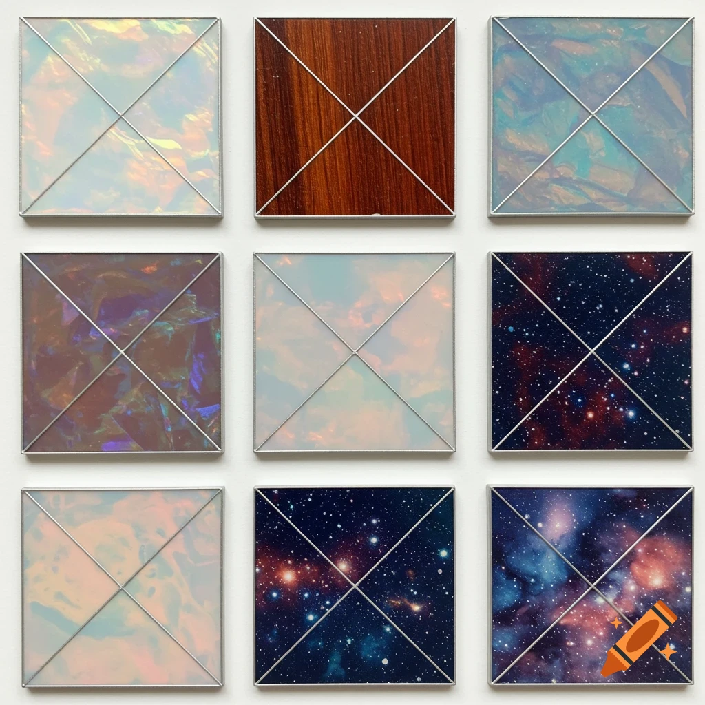A 3x3 grid of nine square tiles, each displaying a different pattern including iridescent, wood grain, abstract swirls, and detailed galaxy scenes.