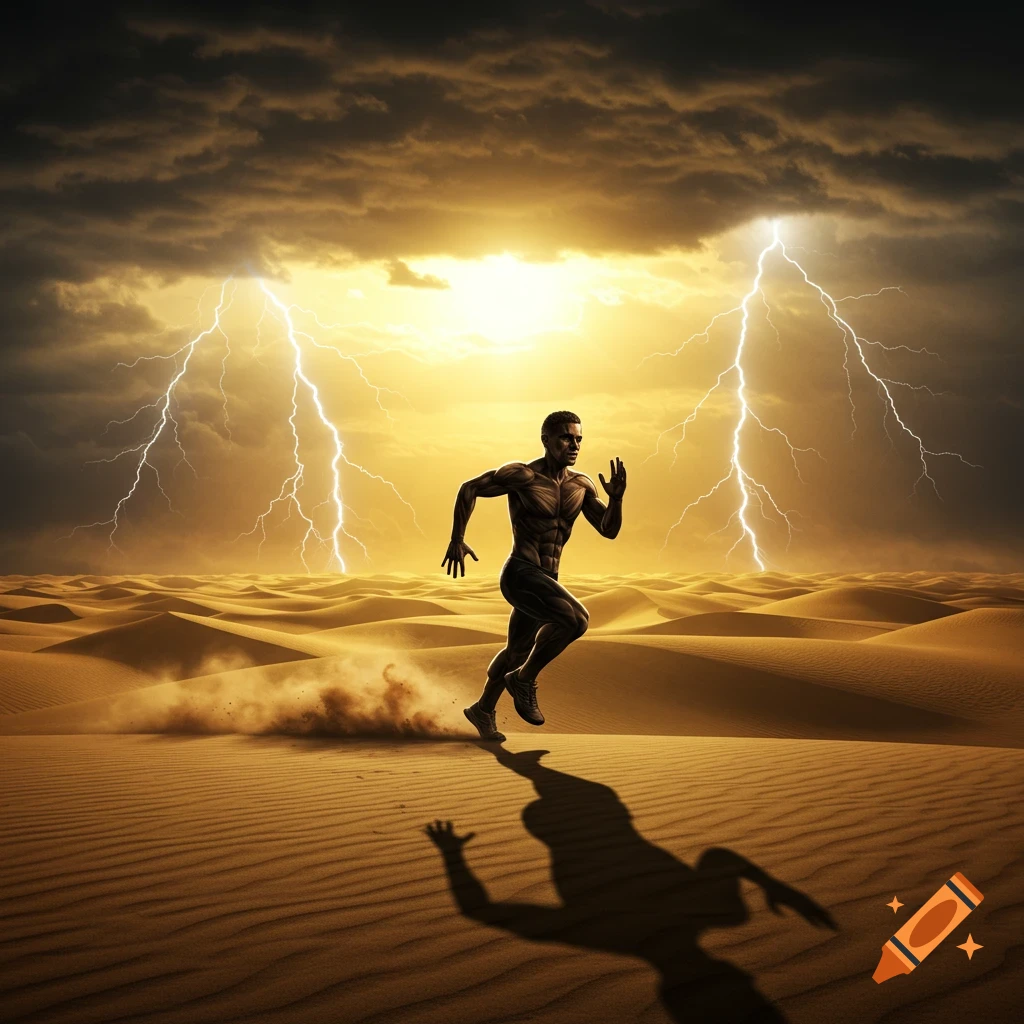 A muscular man runs through a vast desert under a dramatic stormy sky with lightning bolts striking.
