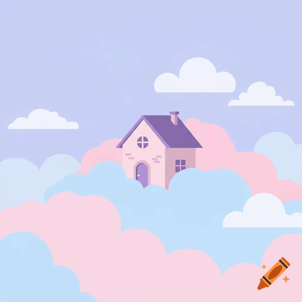 A pastel illustration of a house with a purple roof nestled in light blue and pink clouds under a pale sky.