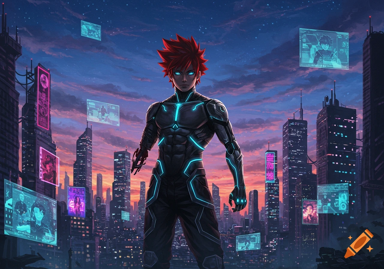 An anime man with red hair and glowing blue eyes stands in a futuristic cyberpunk city at dusk, with holographic screens floating around him.