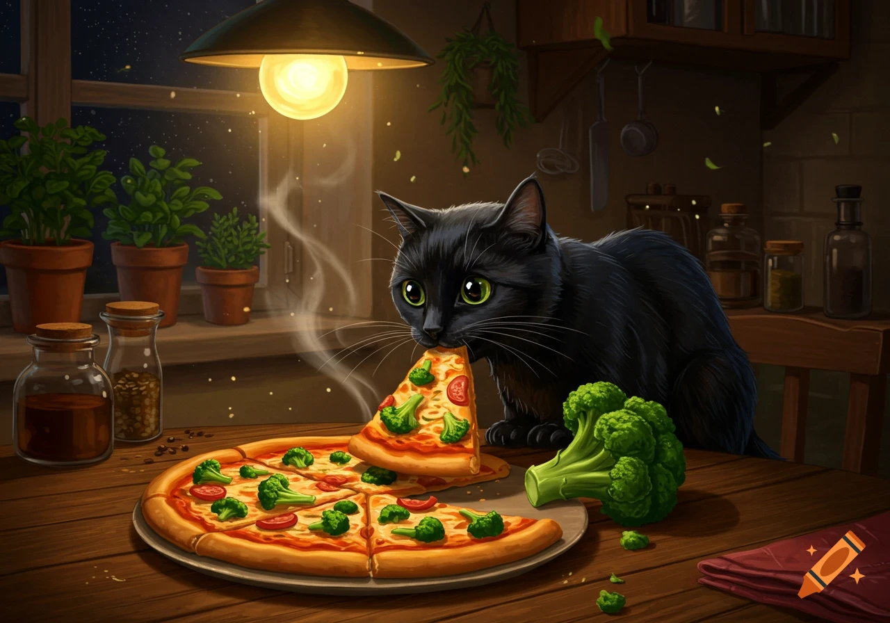A cute black cat with green eyes takes a bite of broccoli pizza at a wooden kitchen table. A whole pizza and broccoli are on the table, with plants in the background.