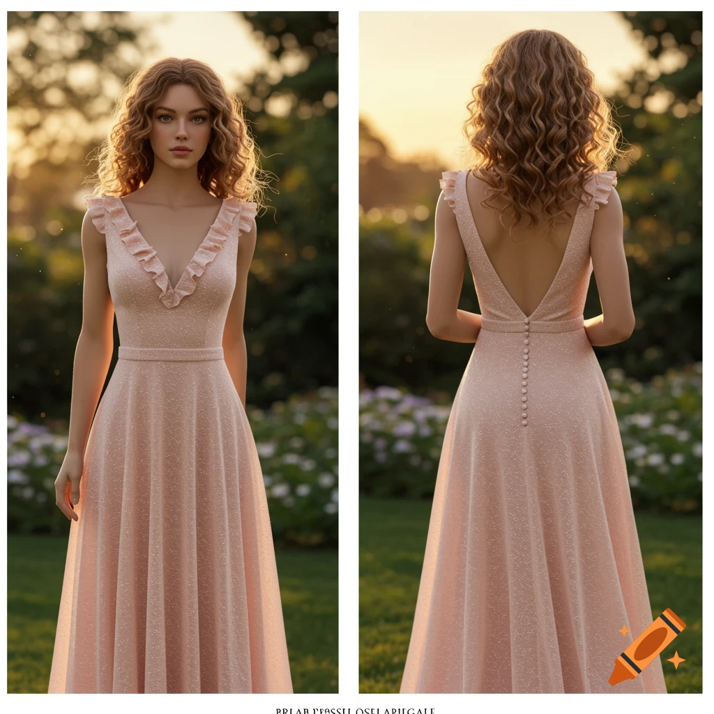 Photorealistic image of a woman in a pink ruffled v-neck dress, shown front and back, in a golden hour garden.