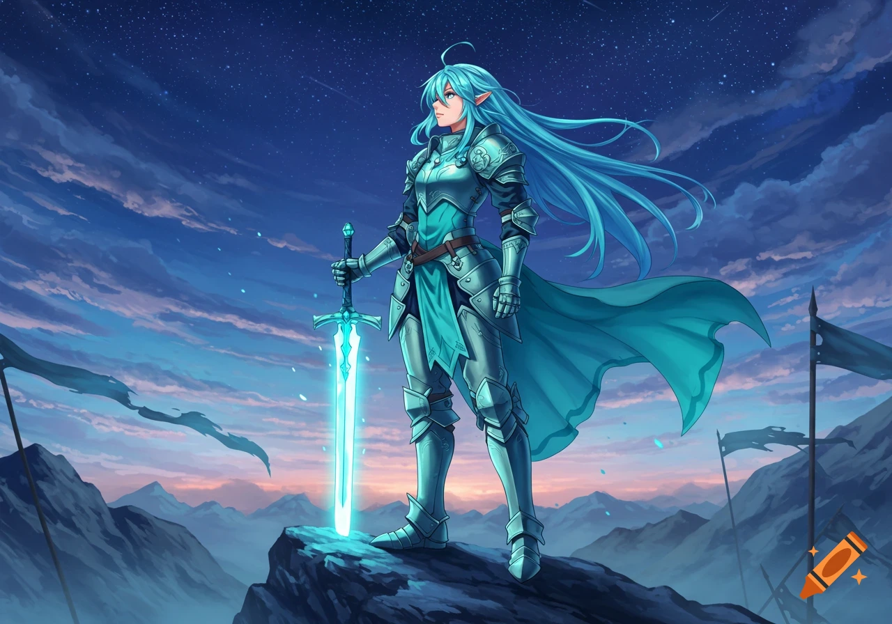 An anime girl knight with long blue hair stands on a mountain peak holding a glowing sword under a starry sky.