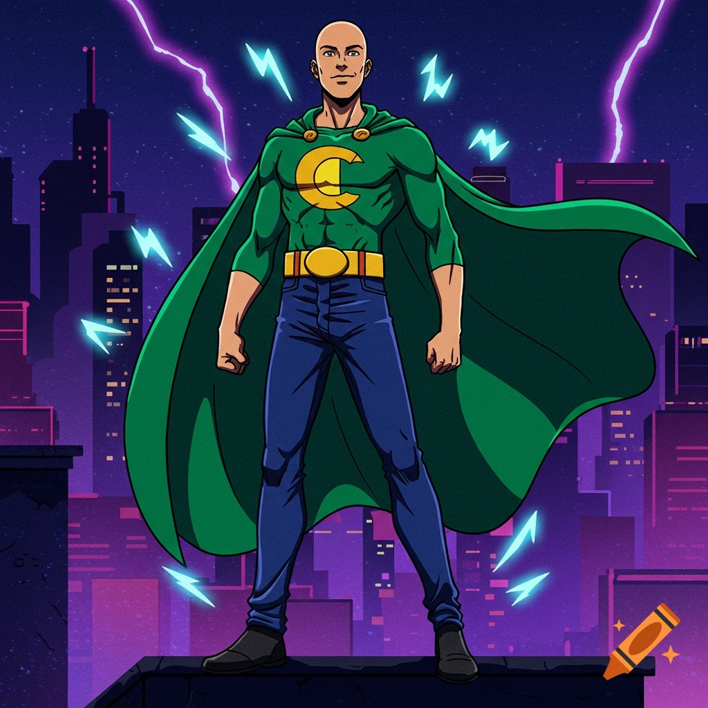 A bald superhero in a green shirt with a yellow 'C', blue pants, and a green cape stands on a city rooftop with lightning in the sky, in an anime style.