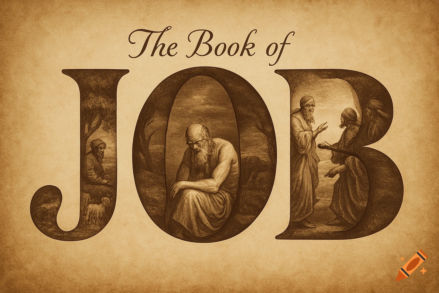 Sepia-toned illustration of 'The Book of JOB' title with biblical scenes inside the letters, styled like old engravings on parchment.